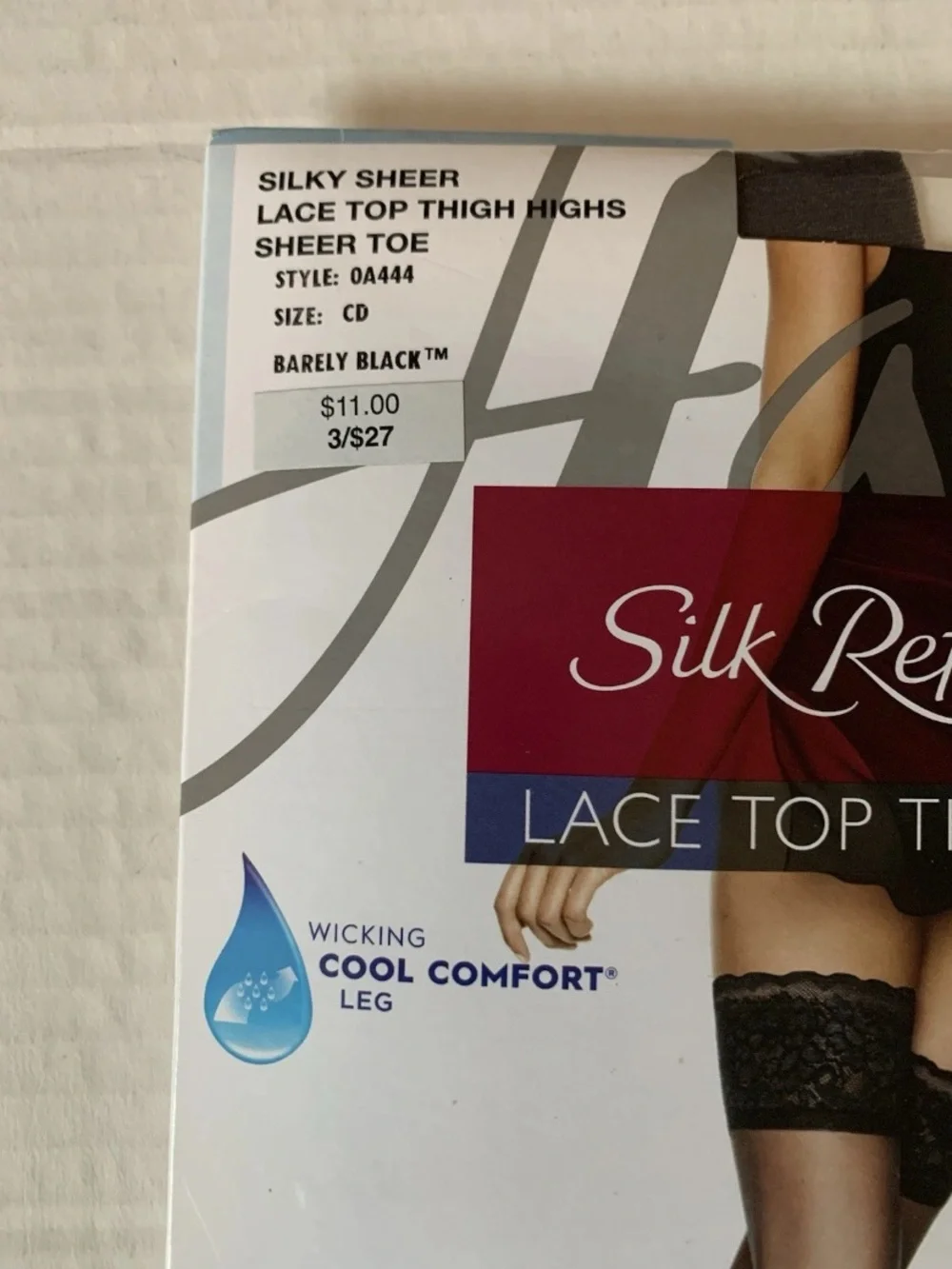 CD Lace Top BLACK Thigh Highs Stockings Hanes Silk Reflections Women's Wicking